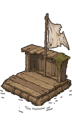 Flood Frontier level 1 starter raft GIF with a simple wooden platform and sail
