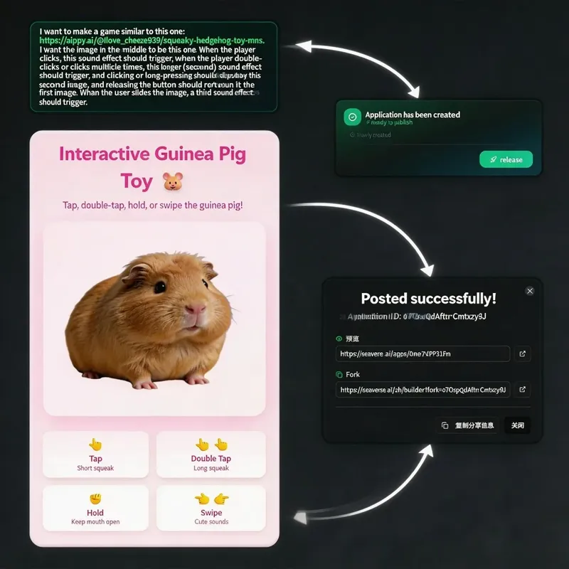 SeaVerse creation workflow for building playable games, chat experiences, and interactive apps from prompts