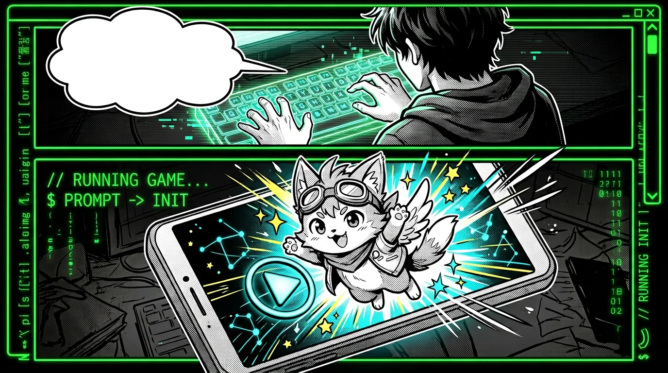 Illustration of a SeaVerse playable game workflow: describe an idea, test it in the browser, and share the result.
