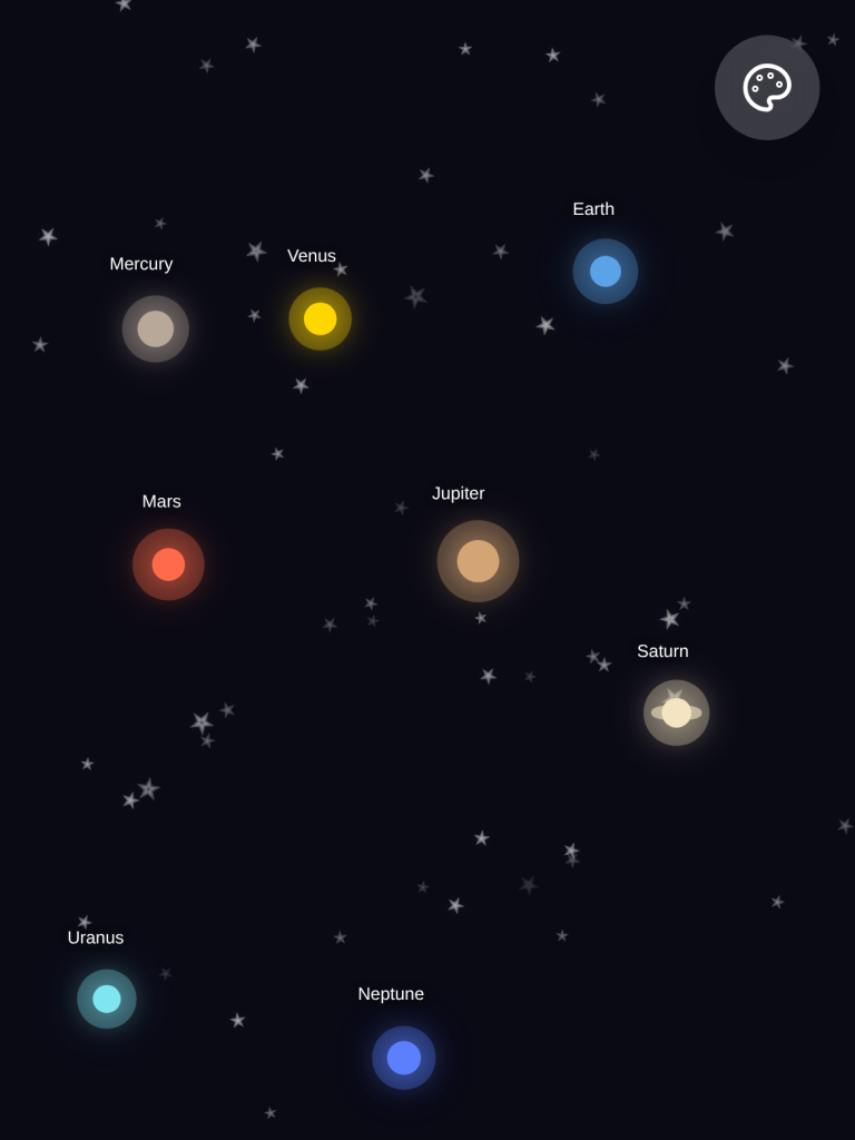 Relaxing Line Drawing in the space! You can change color of the line and double click on the planet to hear its note!